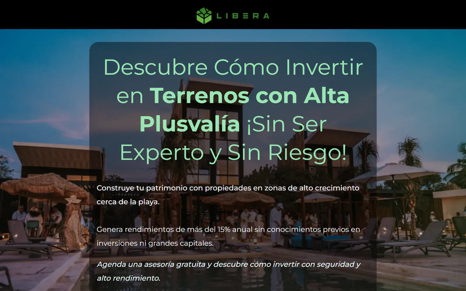 Captura de la portada de la landing de Magdalena Real Estate: titular sobre inversión en terrenos con plusvalía y botón de reserva de asesoría.