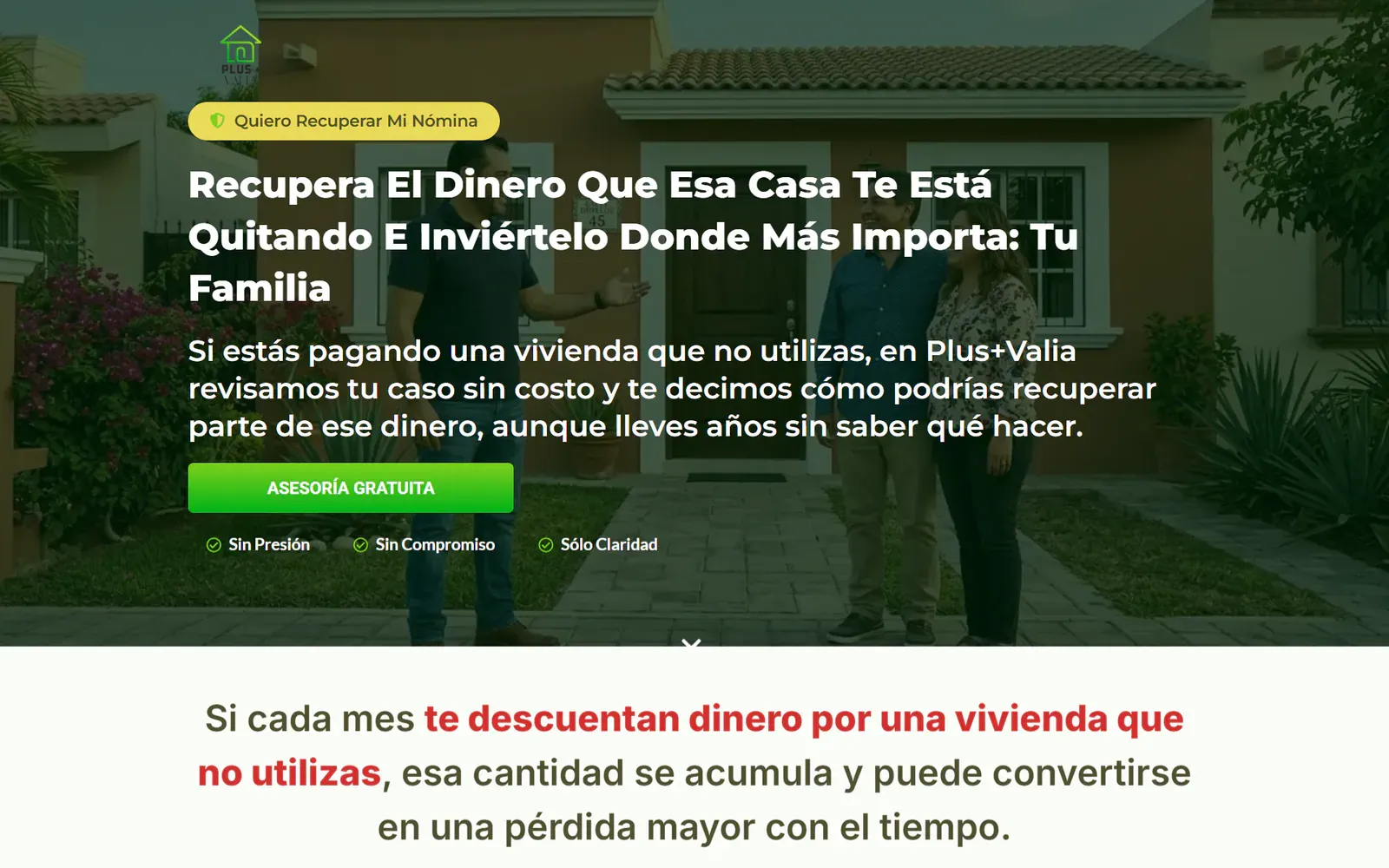 Captura de la portada de Plus+Valia con el titular sobre recuperar el dinero de una vivienda y botón de asesoría gratuita.