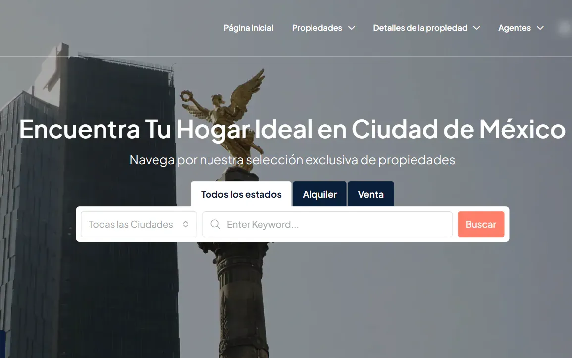 Captura de la portada de OM Inmuebles con el buscador de propiedades sobre una vista del Ángel de la Independencia.