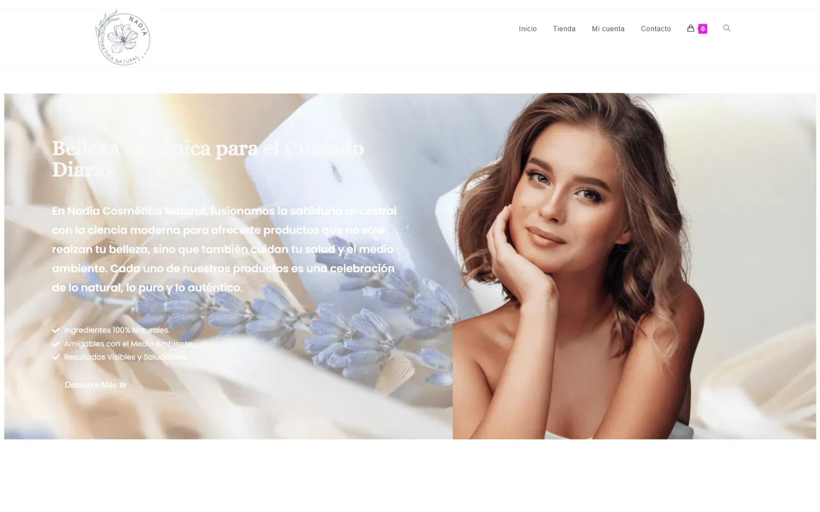 Captura de la portada de Nadia Cosmética Natural con el titular Belleza Orgánica para el Cuidado Diario.